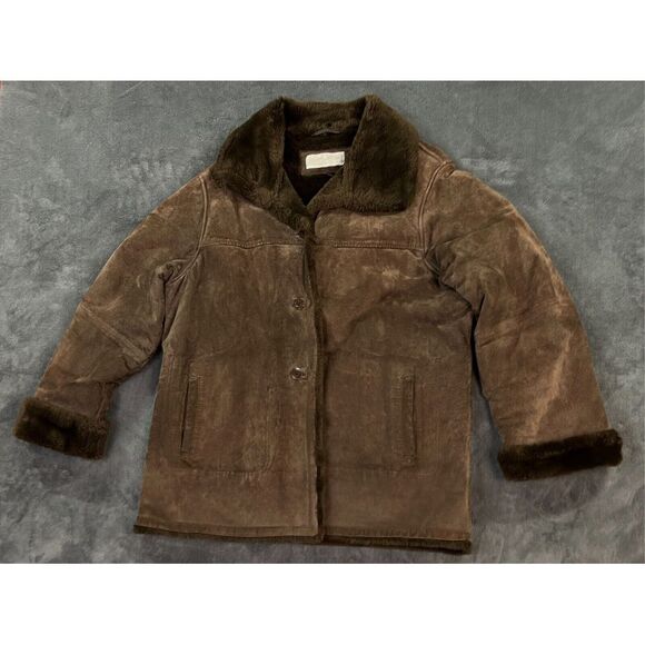 Jones‎ New York Sport Jacket Womens Large Brown Leather Suede Faux Fur Sherpa - Picture 1 of 11